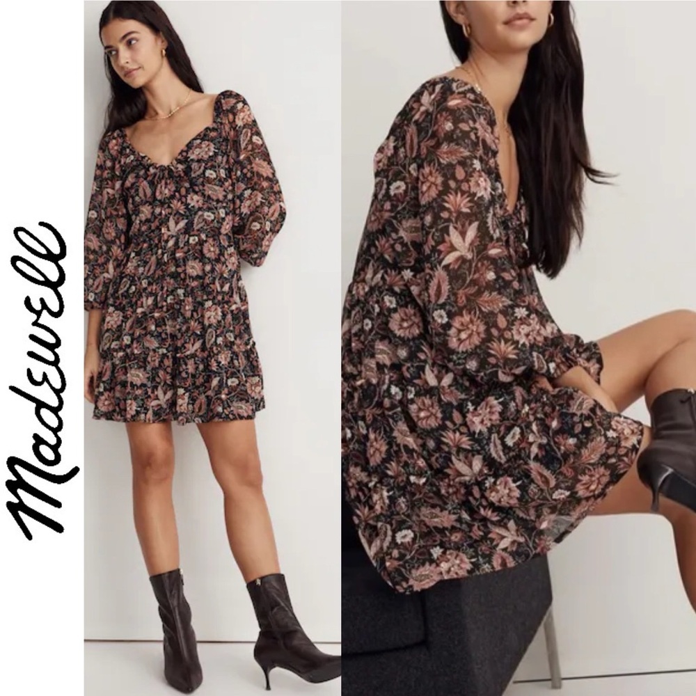 Madewell Amalia Pampas Blooms Tiered Minidress 6 Dark Floral